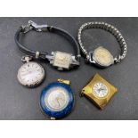 Three pendant watches and two ladies wrist watches