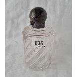 A French scent bottle with hammered hinged cover and glass body with stopper, 6” high