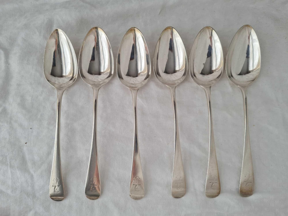 A set of six crested OE pattern table spoons, London 1801 by Eley & Fern, 323g