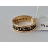 Antique Victorian black enamelled 18ct mourning ring inscribed ‘M.K.17th March1866 C.K. 16th July