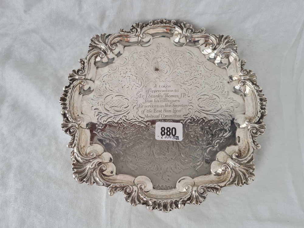 A good Victorian salver on three bracket feet and cast boarder, 10" diameter, Newcastle 1847 by