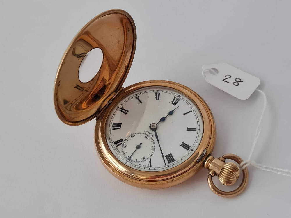 Antique rolled gold half hunter pocket watch by ‘Cyma’ 15 jewels in working order. - Image 3 of 3