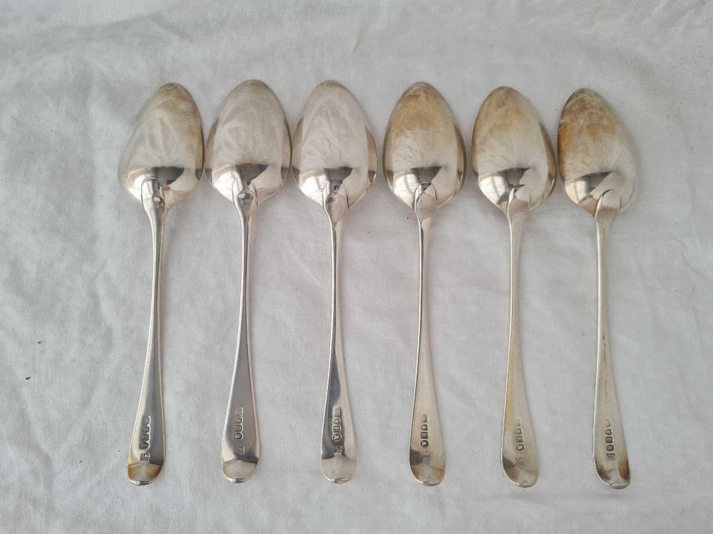 A set of six crested OE pattern table spoons, London 1801 by Eley & Fern, 323g - Image 2 of 4