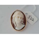 Antique shell cameo brooch pendant of a lady set in gold, 31 x 24mm (without bale)