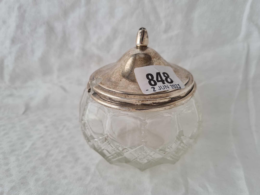 A preserve jar with cut glass body and silver cover, 3.5” wide, London 1903