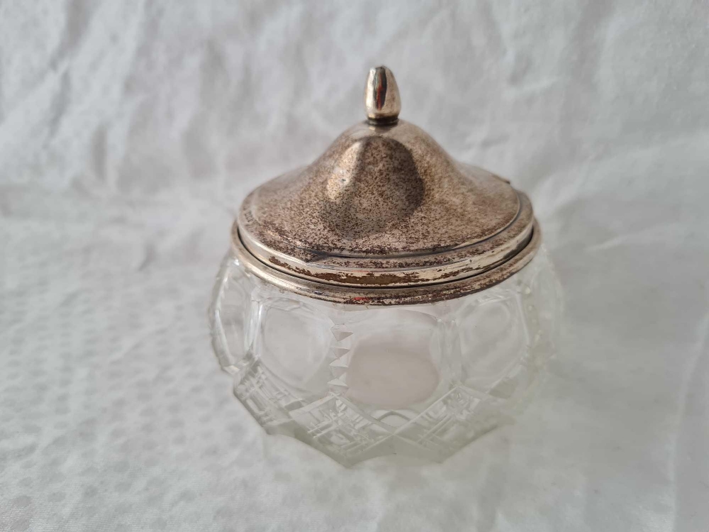 A preserve jar with cut glass body and silver cover, 3.5” wide, London 1903 - Image 2 of 2