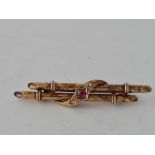 Antique Victorian 15ct stylised bamboo designed brooch set with 2 diamonds & a ruby