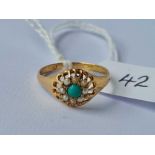 A antique turquoise and pearl ring 18ct gold size K