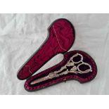 A good pair of Victorian cased grape scissors with vine decoration, London 1887 by EH