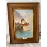 Watercolour Miss E Browne, a Lakeside Castle, 10" x 6" inscribed on E.I. Label