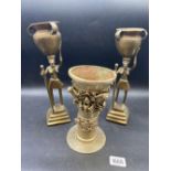 A pair of African brass vases, 10" high and another