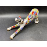 A Russian style chequered coloured outstretch cat,8" long