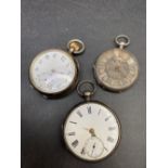 Three gents silver pocket watches one with silvered dial