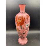 A pink glass vase painted with flowers,16" high