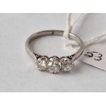 A EDWARDIAN PLATINUM AND DIAMOND THREE STONE RING APPROX .70 POINTS SIZE Q 3.8 GMS BOXED