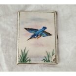 An enamel decorated cigarette case, decorated with a Kingfisher in flight, Birmingham 1937 by HCD (