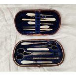 A 19th Century cased set of sewing implements including a silver propelling pencil