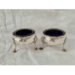 A pair of George II salts, each on three cabriole legs with pad feet, 2 3/4" wide, London 1758 by