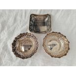 A pair of Bon Bon dishes with pierced and embossed sides, 3.5" diameter and a square example,
