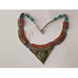 A Heavy Tribal Silver, Coral & Turquoise necklace with very large Pendant poss. Navaho or Eastern