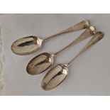 Three more 18th Century Hanoverian pattern table spoons, one 1747 by script JW, 170 g.