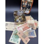 Tin of coins, Banknotes etc