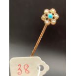 A early Victorian turquoise and pearl flower head stick pin