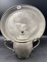 A Chinese pewter teaset on tray