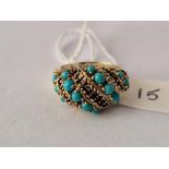 Antique gold dome shape ring, multi turquoise set, size O