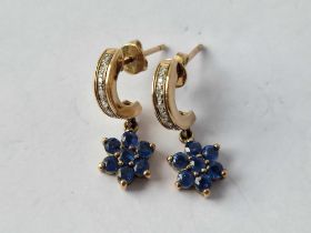 A pair of sapphire and diamond daisy head earrings 3.4 gms