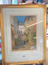 Pursey Craft, Figures in a Town Steps, 12.5 x 9 inch, signed