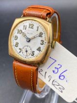 A GENTS ROLCO WRIST WATCH ON LEATHER STRAP WITH SECONDS DIAL 9CT NO GLASS