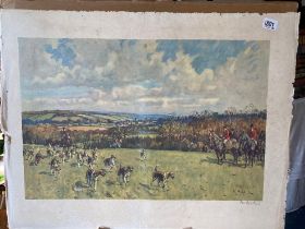 A signed coloured print by PETER BIEGEL of a 'Hunt', unmounted