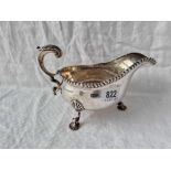 A giant Victorian sauce boat on tree scroll and shell feet, 8” long, London 1895 by CSH, 410 g.