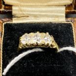 A VICTORIAN DIAMOND THREE STONE RING APPROX .60 CARATS EACH 18CT GOLD SIZE N BOXED