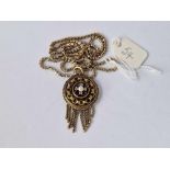 A VICTORIAN ENAMEL DIAMOND AND PEARL TASSEL PENDANT WITH LOCKET BACK ON SNAKE LINK CHAIN ALL 15CT