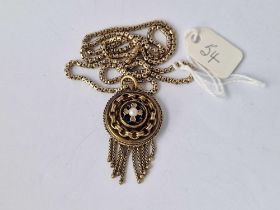 A VICTORIAN ENAMEL DIAMOND AND PEARL TASSEL PENDANT WITH LOCKET BACK ON SNAKE LINK CHAIN ALL 15CT