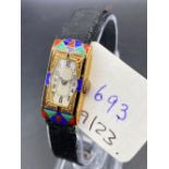 A VERY ATTRACTIVE OBLONG ENAMELLED COCKTAIL WRIST WATCH ON RIBBON STRAP 18CT GOLD No 4805
