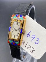 A VERY ATTRACTIVE OBLONG ENAMELLED COCKTAIL WRIST WATCH ON RIBBON STRAP 18CT GOLD No 4805