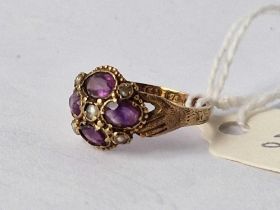 A VICTORIAN HANDS POSY CLUSTER RING SET WITH AMETHYST AND PEARLS SIZE J BOXED