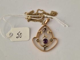 A antique amethyst and pearl pendant necklace 9ct 18 inch