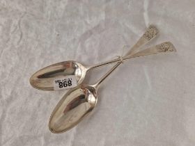 A pair of early George III table spoons with crested stems, London 1770 by TC, WC, 132g