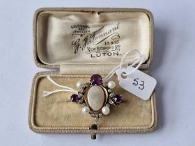 A Edwardian high carat opal diamond amethyst and pearl brooch 7.4 gms boxed