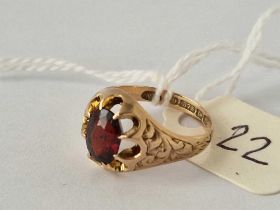 Antique Edwardian 9ct garnet set gypsy ring with chased decoration, hallmarked Birmingham 1904, size