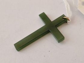 A antique carved NEPHRITE cross pendant with gold bail 42mm x 27mm