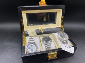 A cased set of three SEIKO gents wrist watches Two X chronograph one X FOSSEL as new