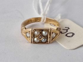 A ANTIQUE DIAMOND AND PEARL MOURNING RING ENGRAVED IN SHANK 1888 SIZE H