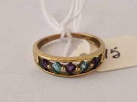 A amethyst and blue topaz ring 9ct size O 2.1 gms