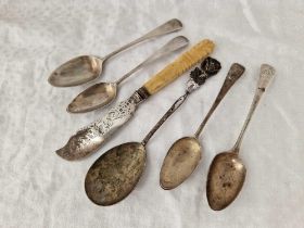 A Victorian butter knife four Georgian tea spoons and a continental spoon, 80g weighable