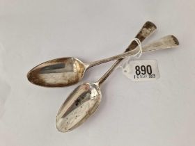 Two George III OE pattern dessert spoons, one London 1789 and the other by JD, 60g